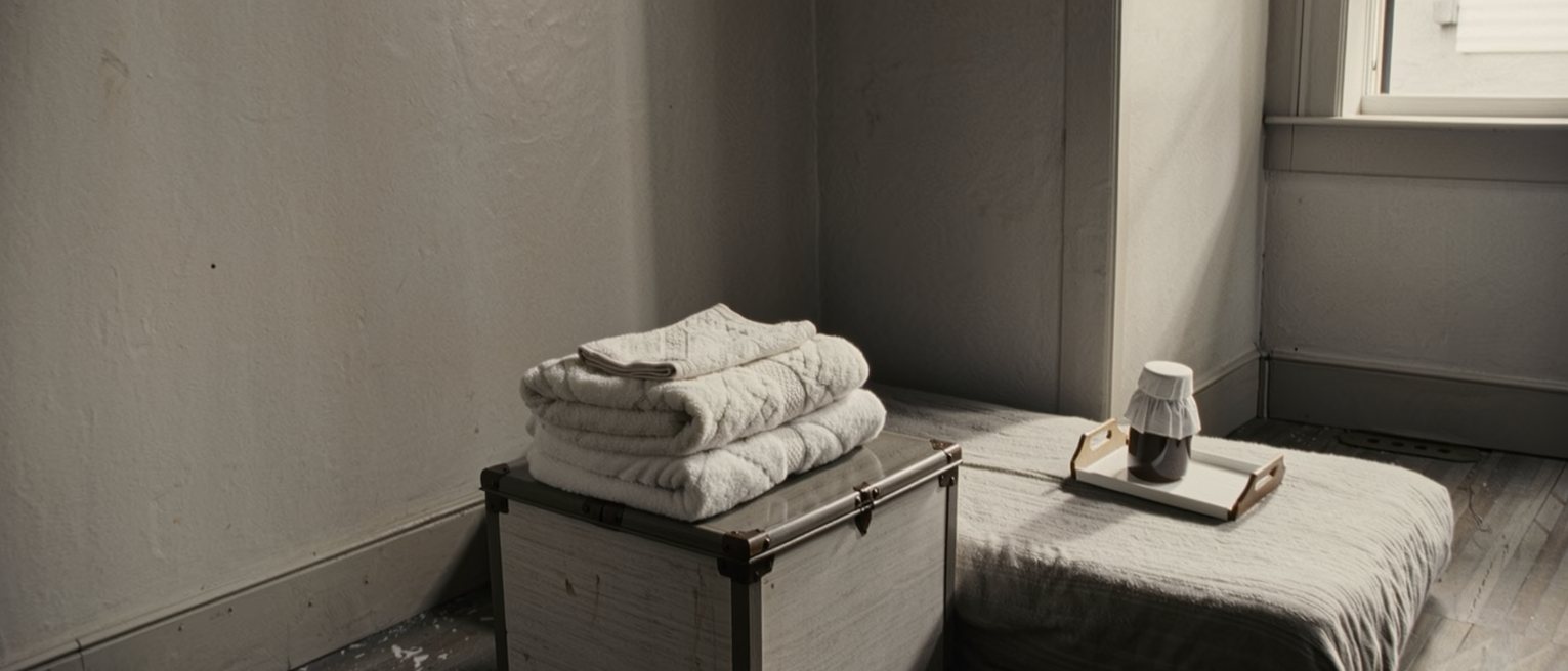 a sitting room seen close with a low care bed set up along one wall under the window, a folding tray and a covered beaker on it, a stacked pile of soft towels on the chest beside, the room soft beyond