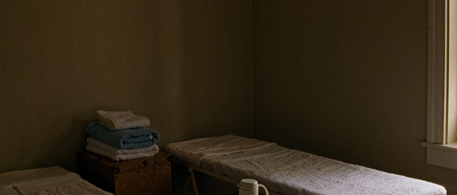 a sitting room seen close with a low care bed set up along one wall under the window, a folding tray and a covered beaker on it, a stacked pile of soft towels on the chest beside, the room soft beyond