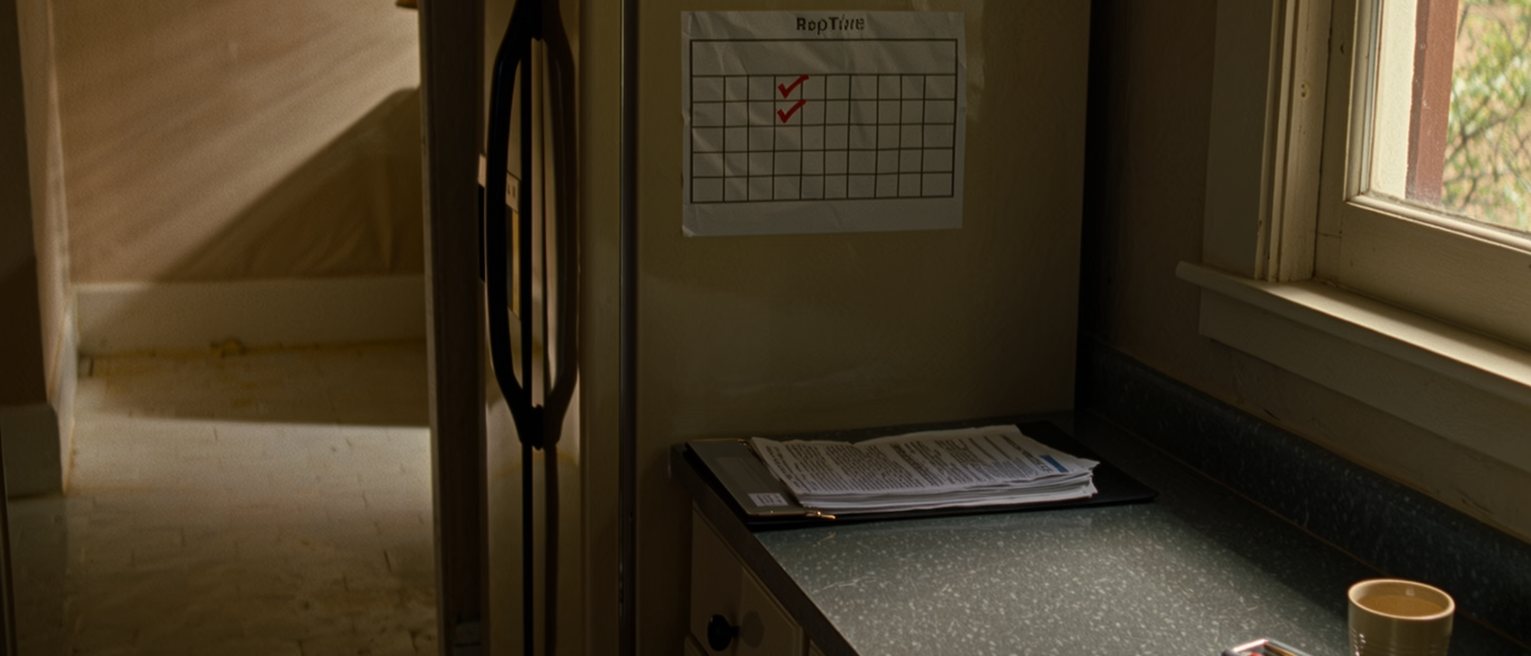 a kitchen seen close with a ruled rota taped to the fridge door and ticked in two colours, a clear folder of insurance papers propped below it, a pill organiser and a cup on the counter, the window soft beyond