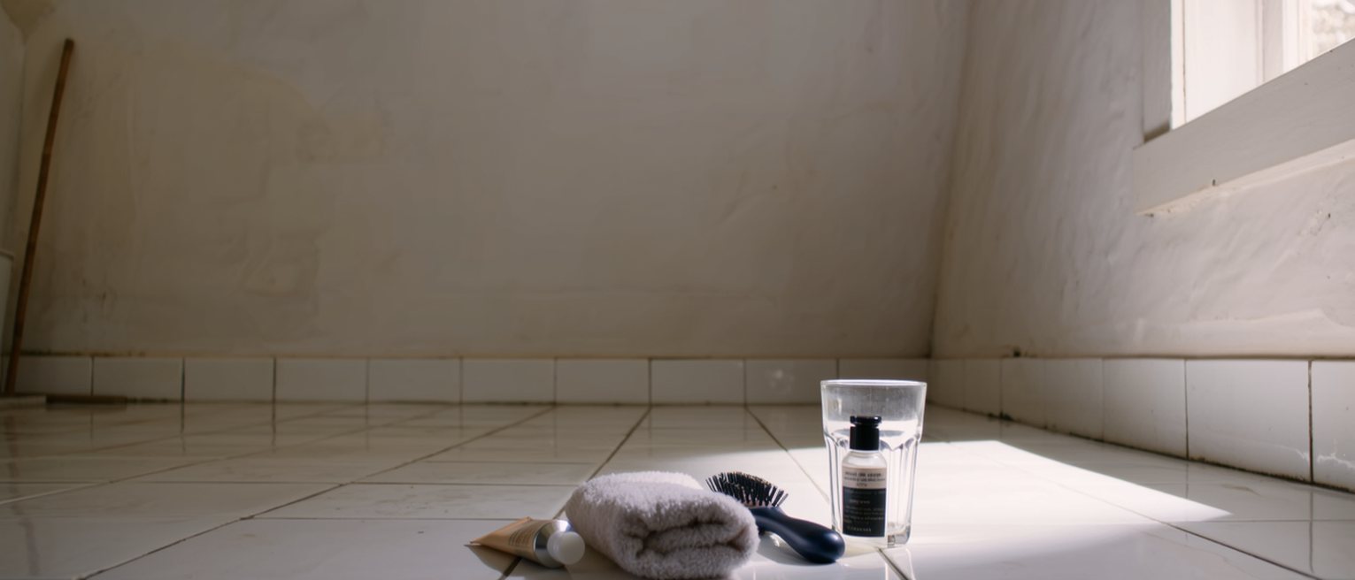 a bathroom shelf seen close with a small tube of cream unopened beside a glass, a folded flannel, a hairbrush, a bottle with its label turned away, the tiled wall soft beyond