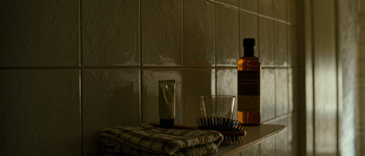 a bathroom shelf seen close with a small tube of cream unopened beside a glass, a folded flannel, a hairbrush, a bottle with its label turned away, the tiled wall soft beyond