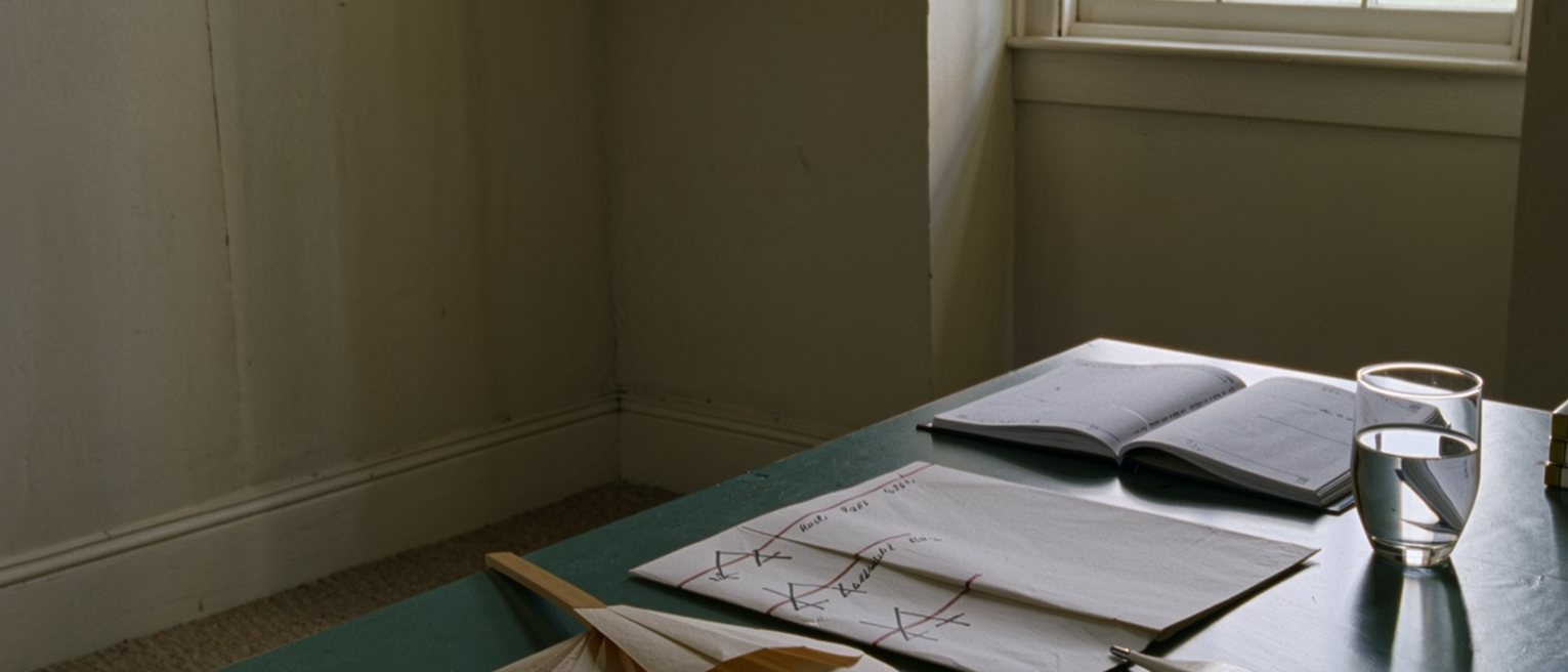 a desk seen close with a folded letter in its envelope, a paper fan, a glass of water beside a small thermometer, a diary open with several hours crossed out in pencil, the window soft beyond