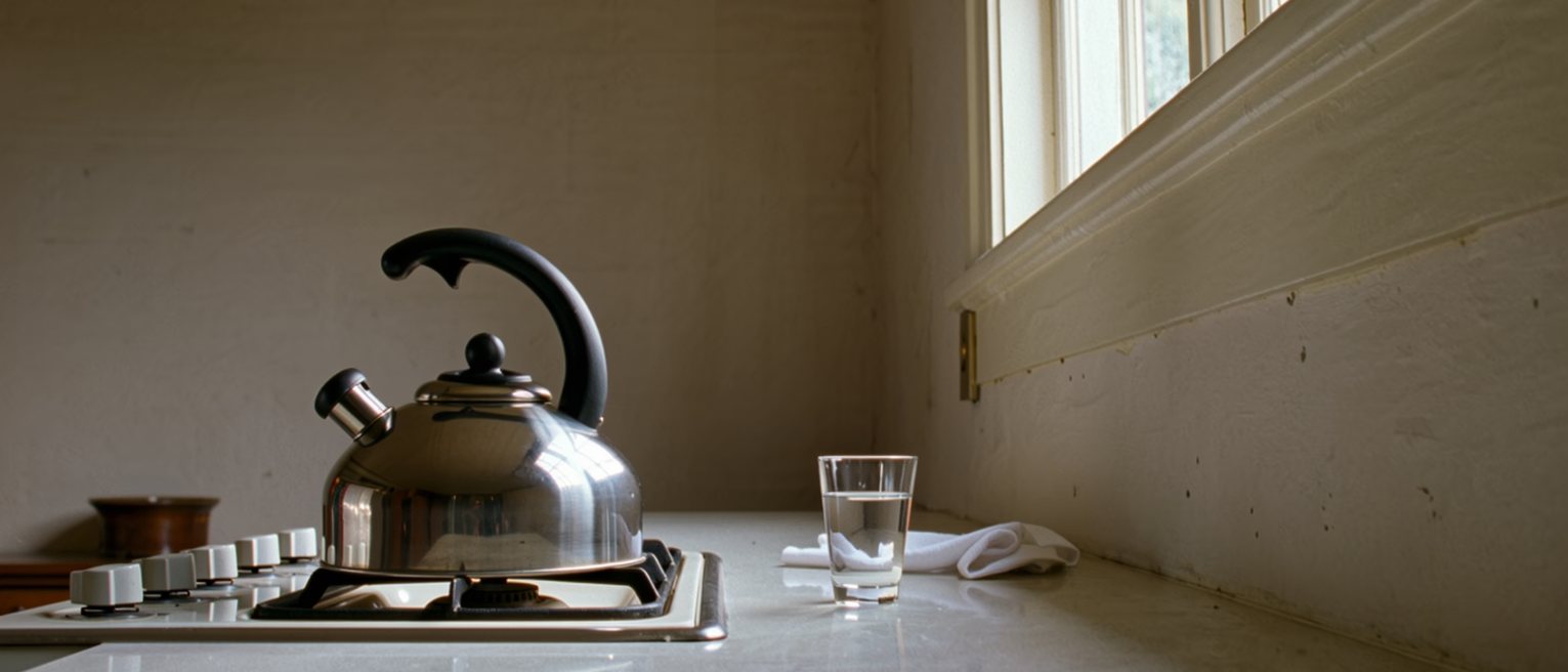 a kitchen seen close with a kettle lifted off the heat onto the cold ring beside it, the gas turned off, a cup of water and a folded cloth on the counter, the window soft beyond