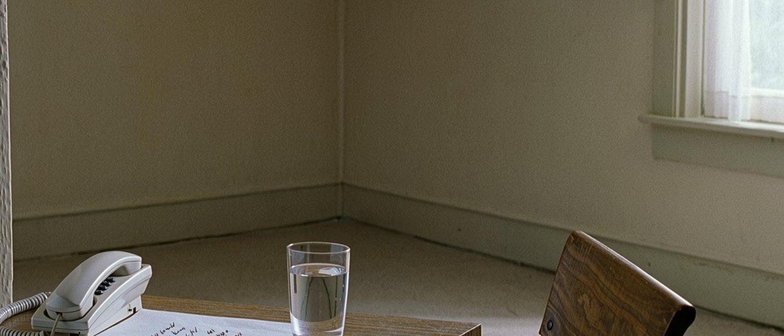 a hall table seen close with a telephone resting on its cradle beside a card with a number written out in pen and a glass of water, a chair drawn up, the wall soft beyond