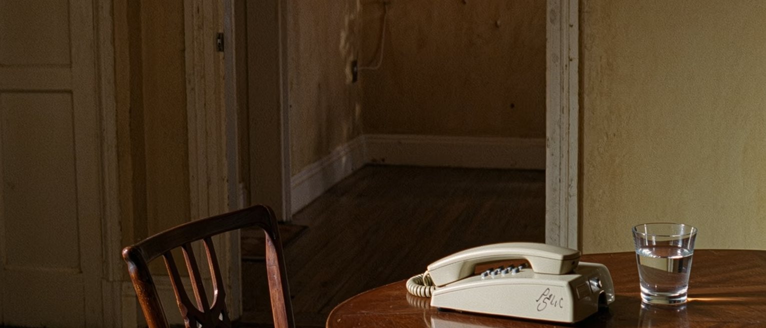 a hall table seen close with a telephone resting on its cradle beside a card with a number written out in pen and a glass of water, a chair drawn up, the wall soft beyond