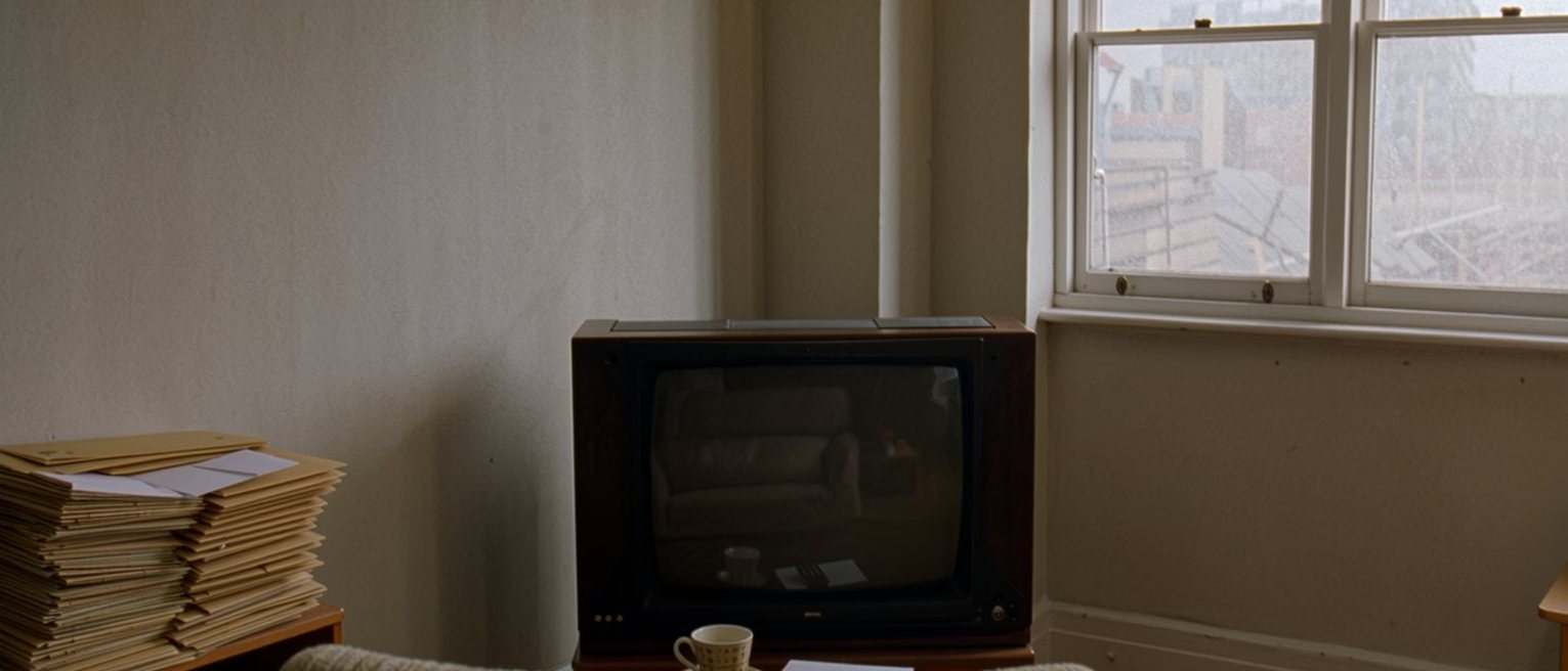 a small apartment seen close with one armchair facing a television turned off, a single cup on the low table, a telephone, a stack of unopened envelopes on the shelf, the window soft beyond