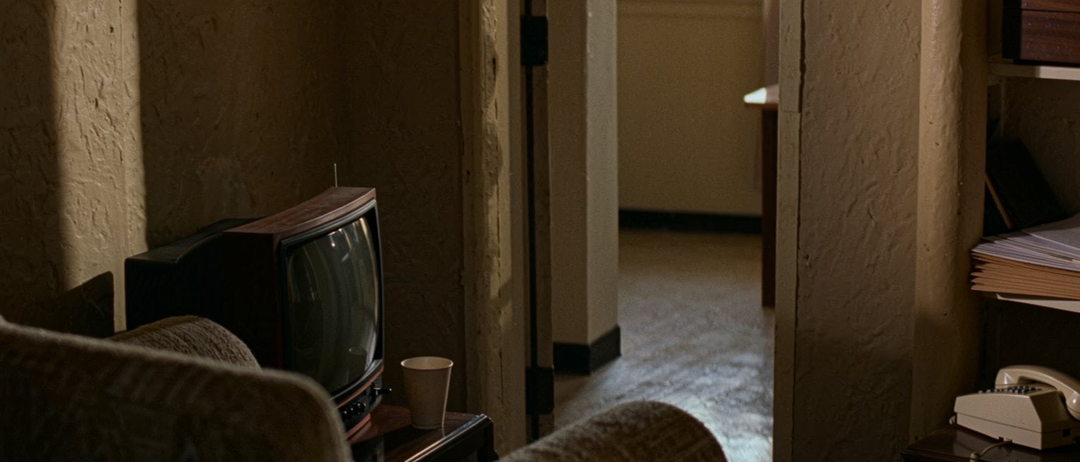 a small apartment seen close with one armchair facing a television turned off, a single cup on the low table, a telephone, a stack of unopened envelopes on the shelf, the window soft beyond