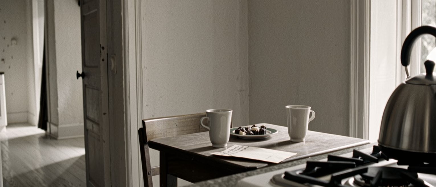 a kitchen table seen close with two cups set out and a plate of sweets, a second chair drawn up, a note left on the table, a kettle on the stove, the window soft beyond