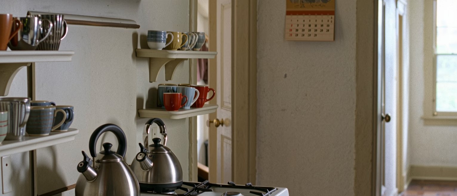 a kitchen seen close with two kettles on the stove, two separate shelves of cups, a wall calendar marked in two colours of ink, a door open onto a second room beyond