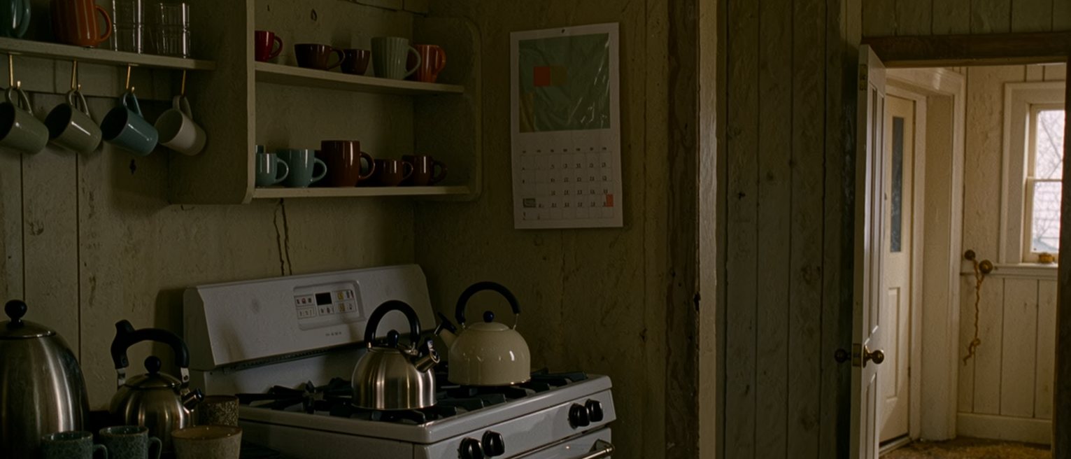 a kitchen seen close with two kettles on the stove, two separate shelves of cups, a wall calendar marked in two colours of ink, a door open onto a second room beyond