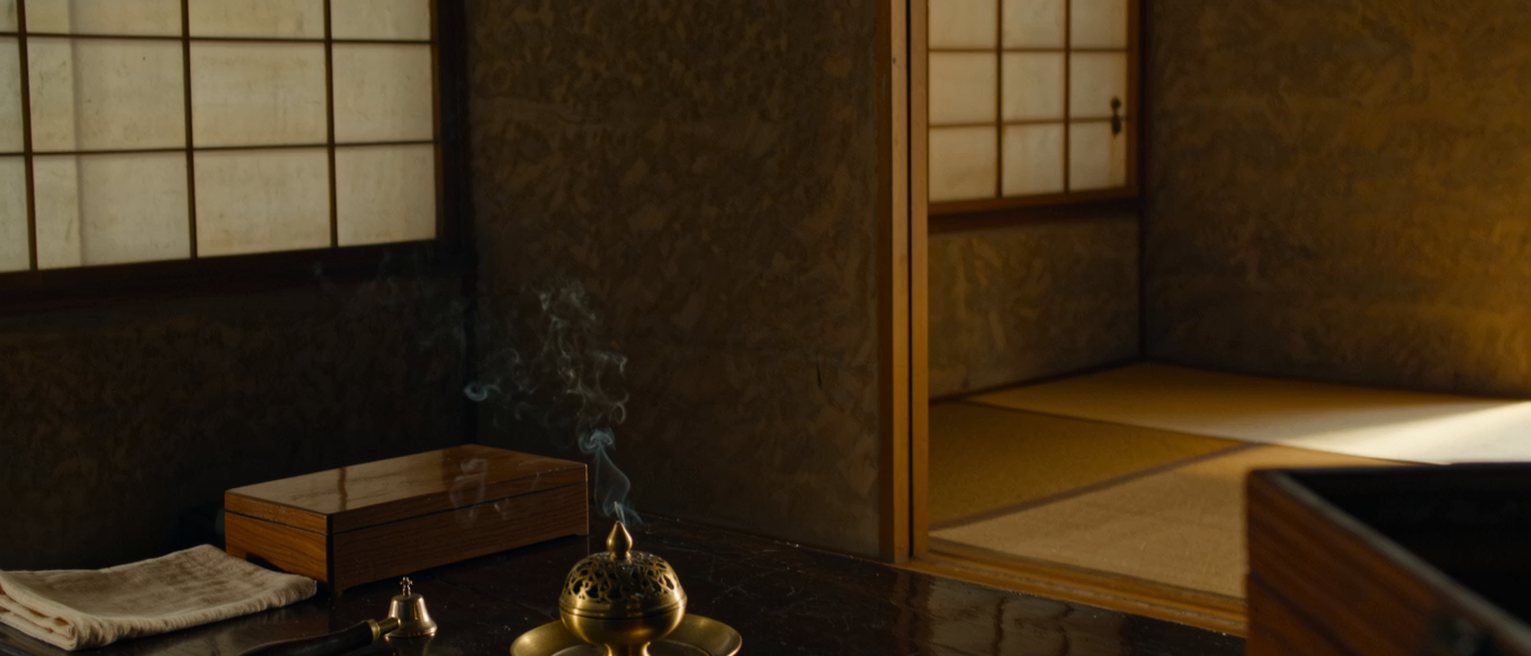 a tatami room seen close with a low table holding a brass incense burner with its smoke gone out, a small bell and its striker beside it, a folded cloth and a closed wooden box, the shoji soft beyond
