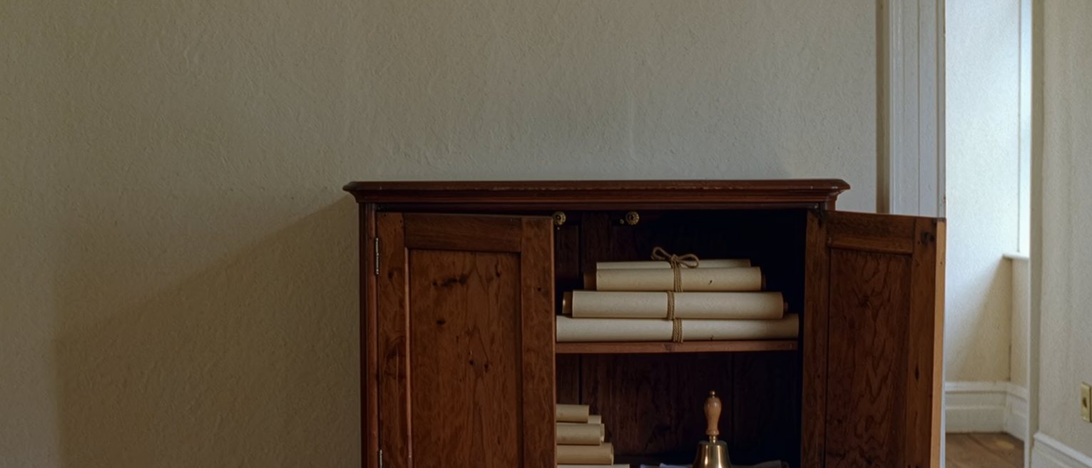 a wooden cabinet seen close with its doors open on stacked scroll boxes tied with cord, a folded cloth on the shelf below, a brass bell, the room soft beyond