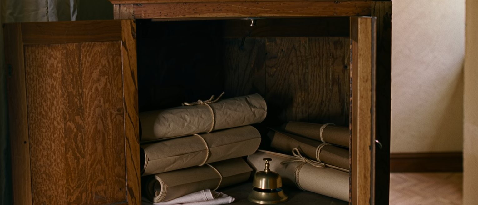 a wooden cabinet seen close with its doors open on stacked scroll boxes tied with cord, a folded cloth on the shelf below, a brass bell, the room soft beyond