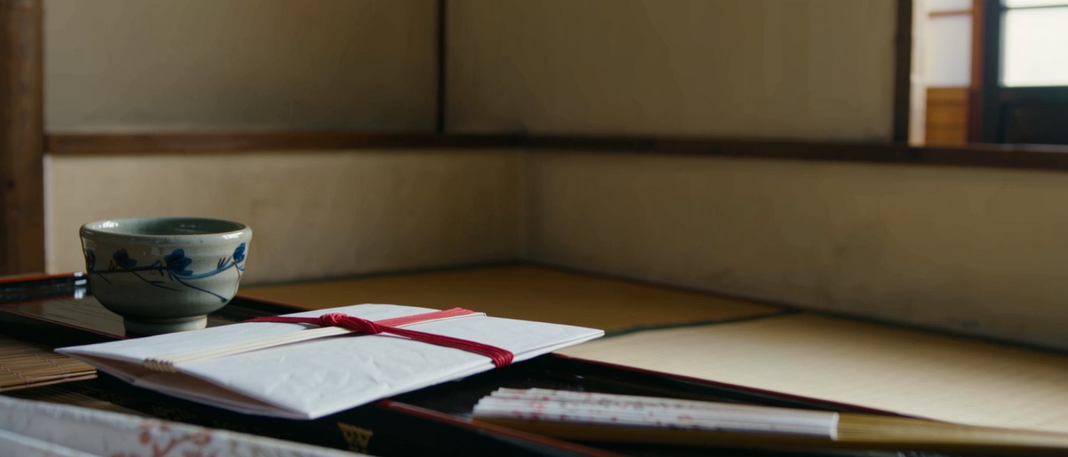 a tatami room seen close with a low table holding a formal paper envelope tied with red and white paper cord laid on a lacquer tray, a folded fan beside it, a tea bowl, the shoji soft beyond