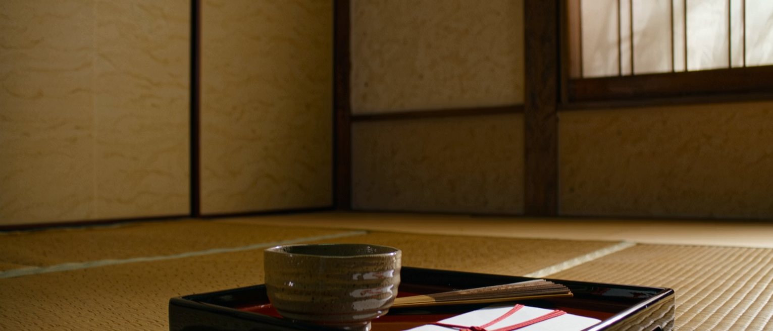 a tatami room seen close with a low table holding a formal paper envelope tied with red and white paper cord laid on a lacquer tray, a folded fan beside it, a tea bowl, the shoji soft beyond