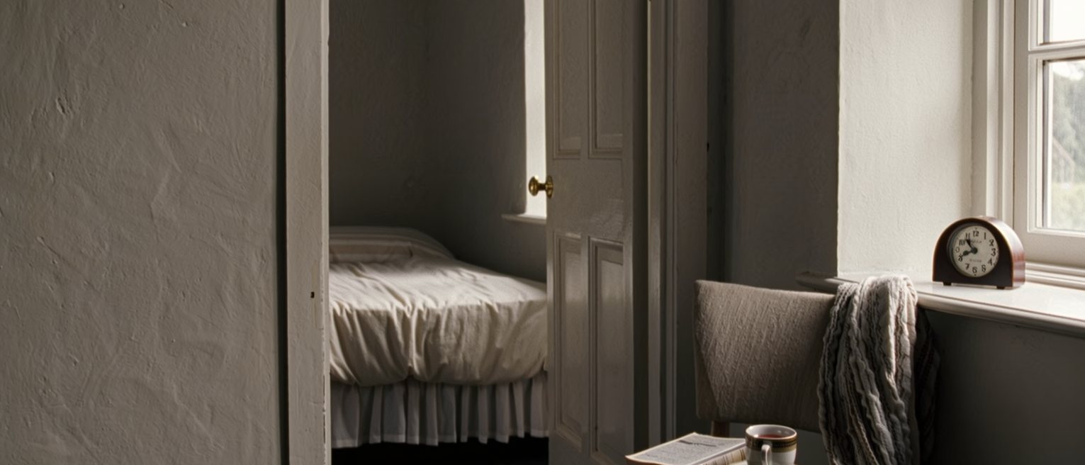 a bedroom seen close with a chair by the window holding one closed book and a cup of tea, a folded blanket over its arm, a clock on the sill, the door ajar, the bed made behind