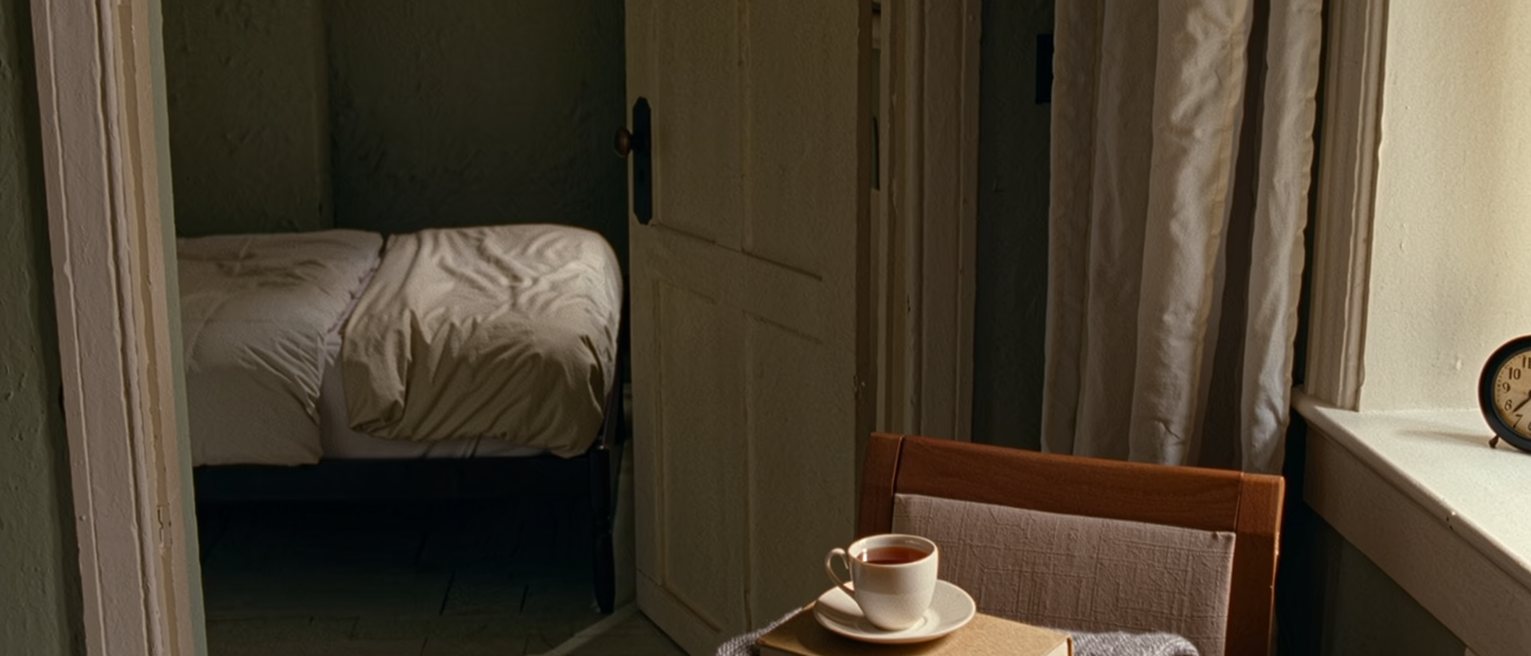 a bedroom seen close with a chair by the window holding one closed book and a cup of tea, a folded blanket over its arm, a clock on the sill, the door ajar, the bed made behind