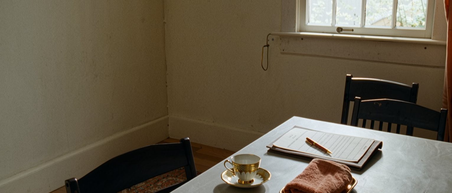 a table seen close with three objects set apart in a row: a second teacup, a folded warm towel on a small tray, a document folder with a pen across it, the chairs pushed in, the window soft beyond