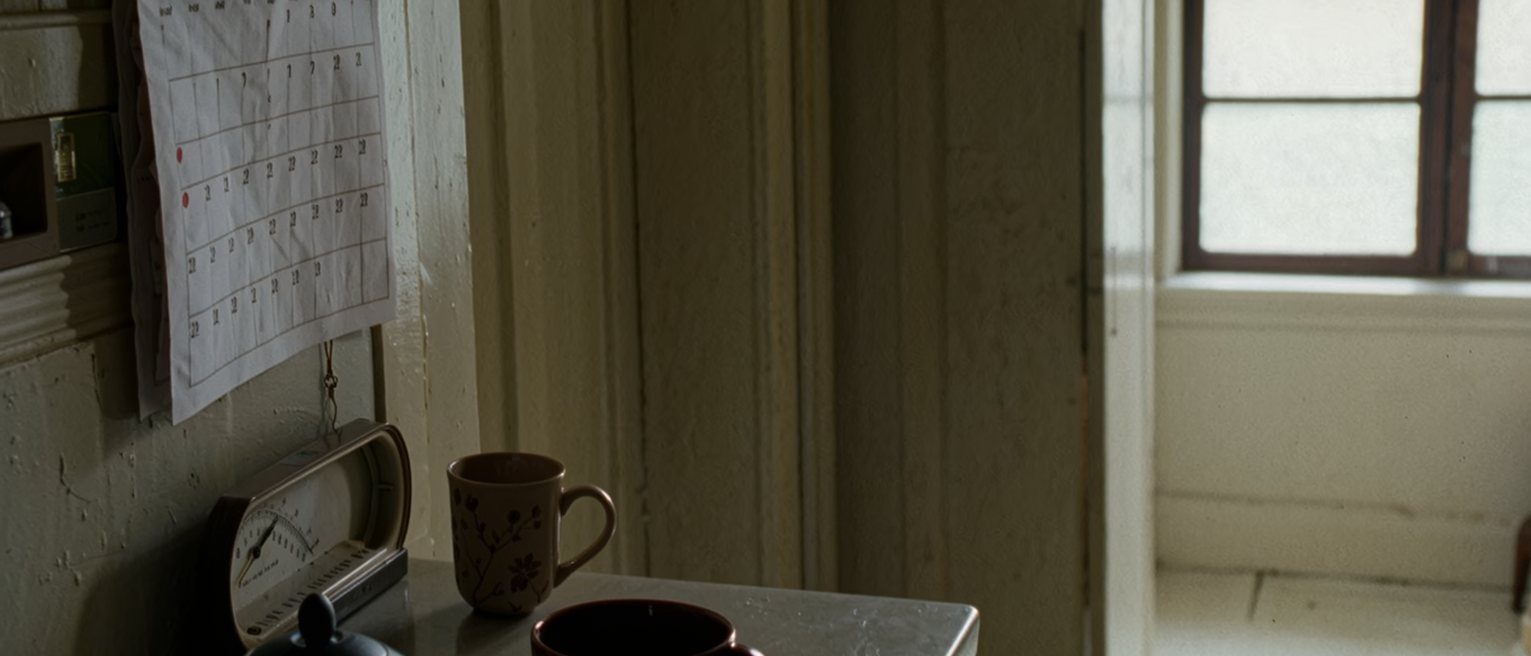 a kitchen seen close with a wall calendar marked with small circles in red, a thermometer resting in its open case on the counter beneath it, a cup and a kettle, the window soft beyond