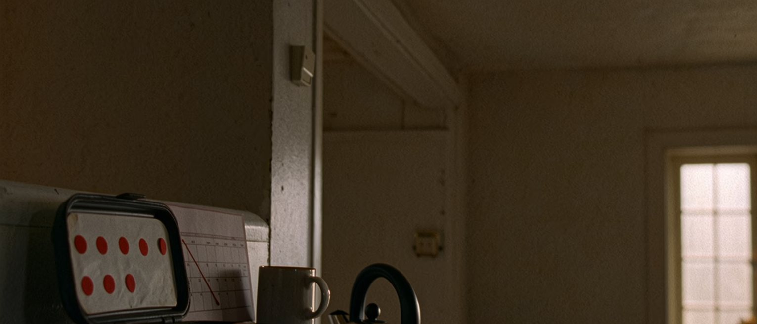 a kitchen seen close with a wall calendar marked with small circles in red, a thermometer resting in its open case on the counter beneath it, a cup and a kettle, the window soft beyond
