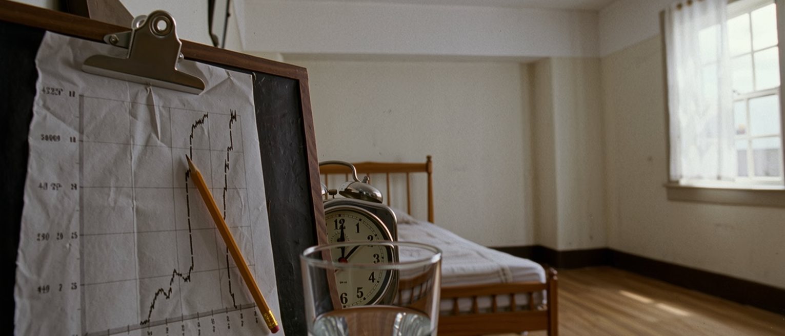 a bedside seen close with a chart clipped to a small board and a pencil tied to it, a thermometer in its case, a glass of water and a clock, the bed turned back behind