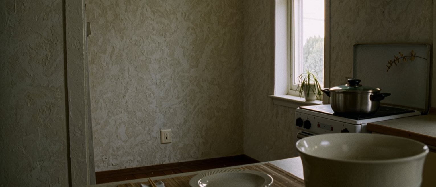 a small apartment kitchen seen close with one place laid at the counter, one bowl and one pair of chopsticks on a rest, a single pot on the stove, a plant on the sill, the window soft beyond