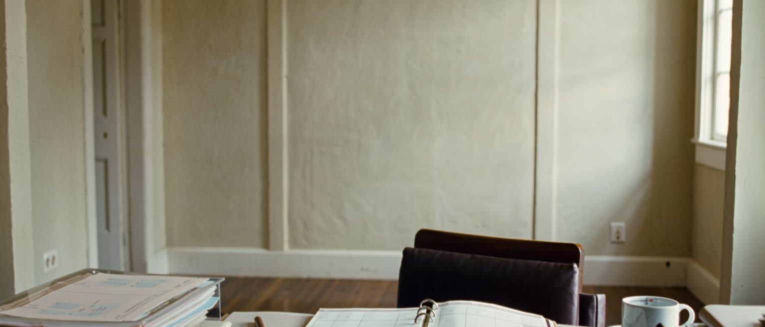 a desk seen close with a stack of printed forms in a clear folder, a pen, a small seal case closed beside them, a diary open at a blank week, a cup, the chair pushed in