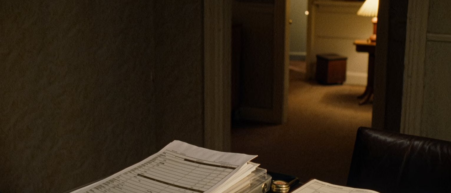 a desk seen close with a stack of printed forms in a clear folder, a pen, a small seal case closed beside them, a diary open at a blank week, a cup, the chair pushed in