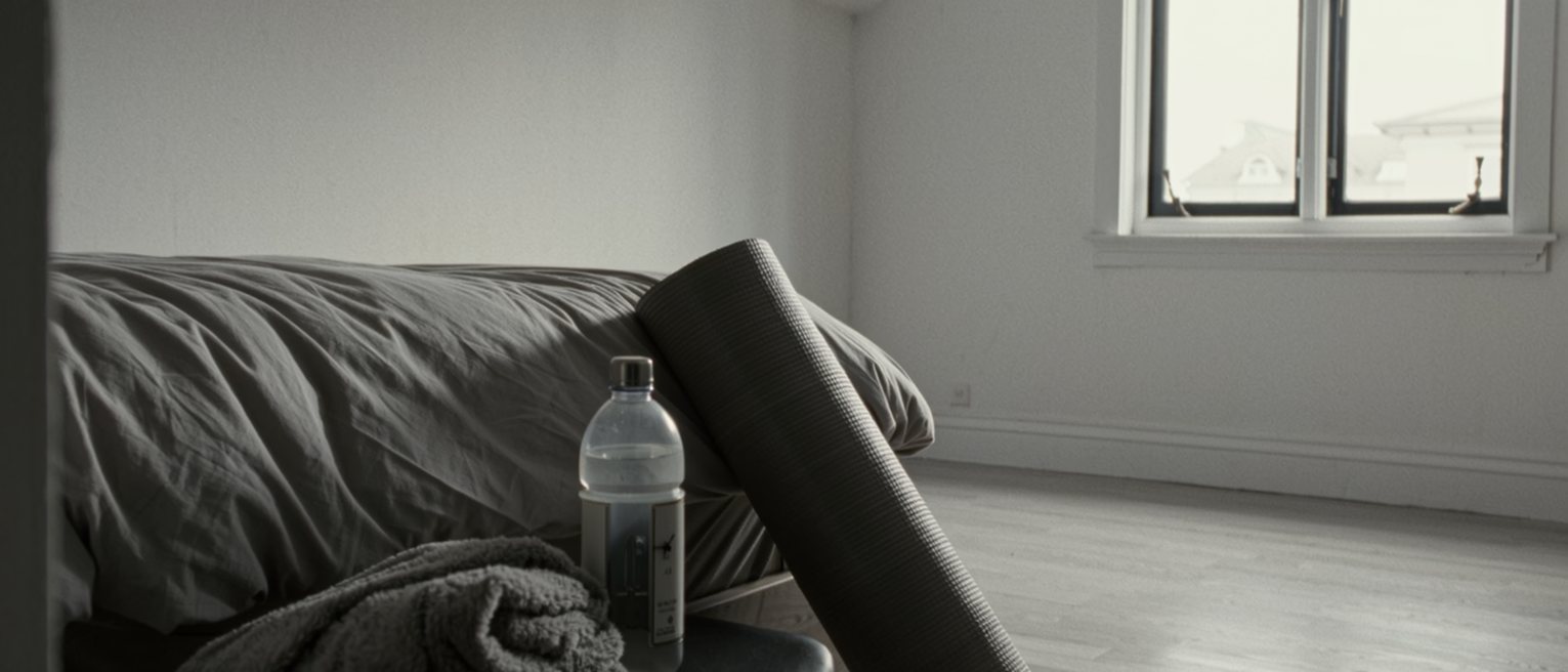 a bedroom seen close with an exercise mat rolled and leaning against the wall, a folded towel and a water bottle on a low stool, a small clock, the bed made behind, the window soft beyond