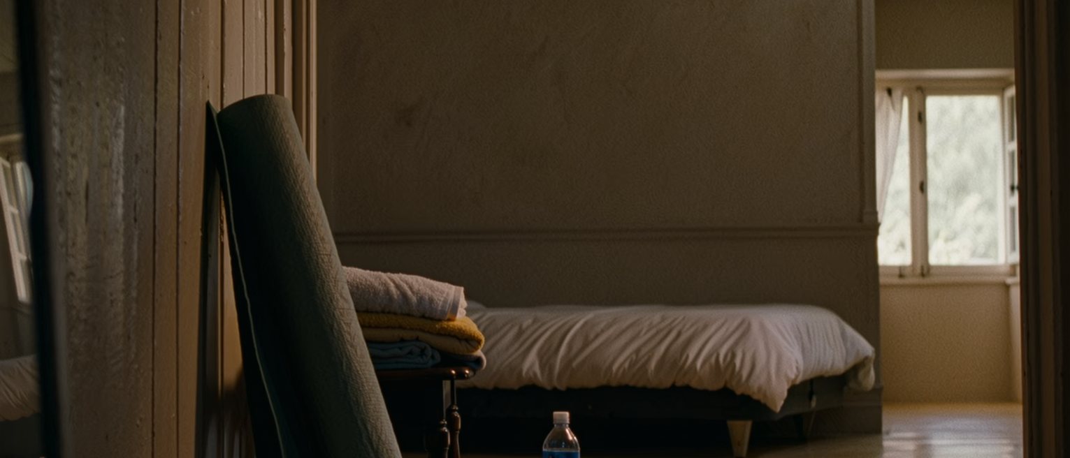 a bedroom seen close with an exercise mat rolled and leaning against the wall, a folded towel and a water bottle on a low stool, a small clock, the bed made behind, the window soft beyond