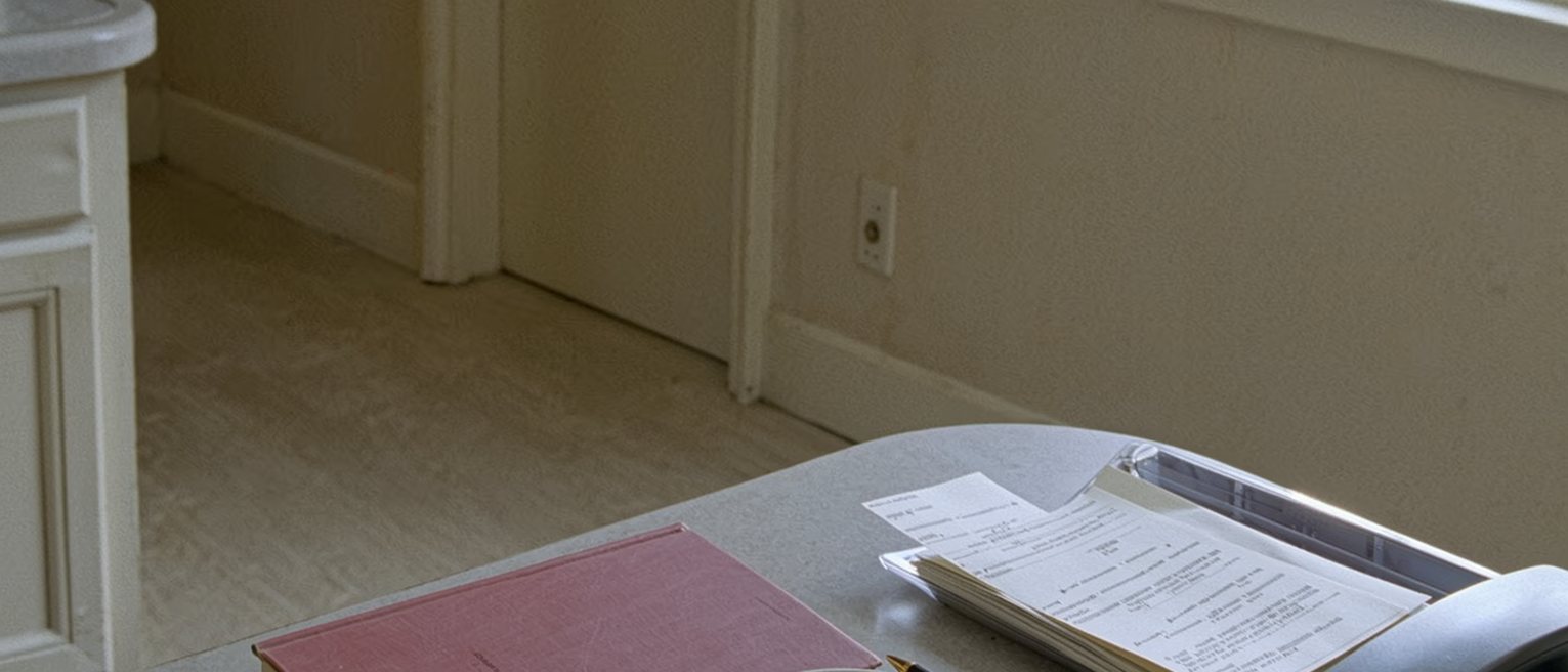 a kitchen counter seen close with a closed pink booklet and a folded printed notice in a clear sleeve, a telephone, a pen, a cup of tea, the window soft beyond