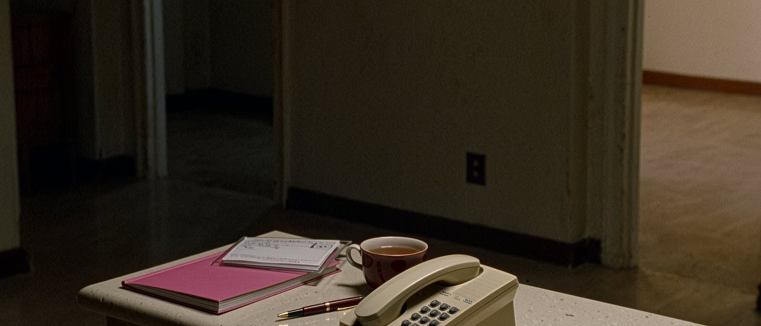 a kitchen counter seen close with a closed pink booklet and a folded printed notice in a clear sleeve, a telephone, a pen, a cup of tea, the window soft beyond