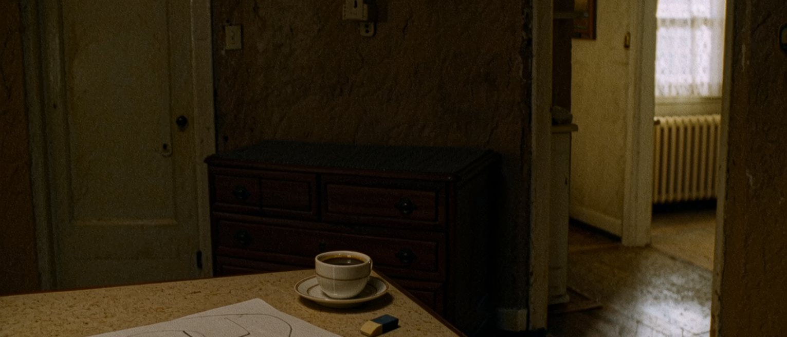 a kitchen table seen close with a sheet of paper on which a straight line and a circle are drawn in pencil, one crossed out, a cup of coffee and an eraser, the dresser close behind and the window soft beyond