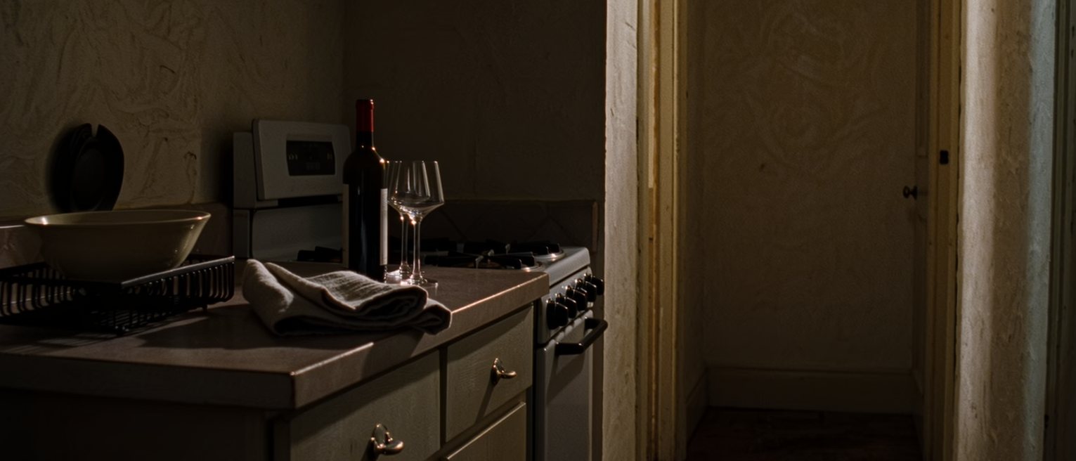 a kitchen seen close with the counter wiped and clear, one bowl in the rack, a folded cloth and a bottle of wine unopened with two glasses beside it, the stove close behind and the doorway soft beyond