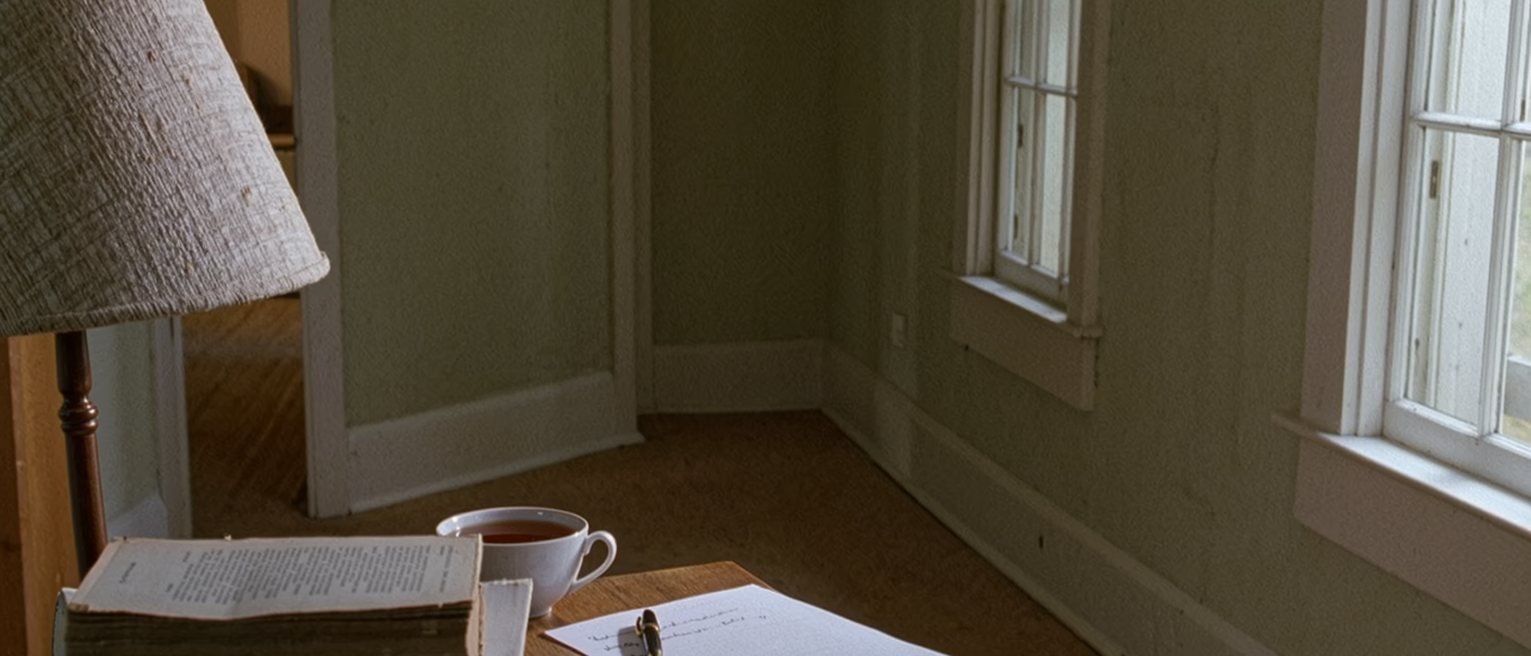 a writing desk seen close with a worn paperback laid face down, a sheet of paper with three lines written and the rest blank, a pen and a cup of tea, the lamp close behind and the window soft beyond