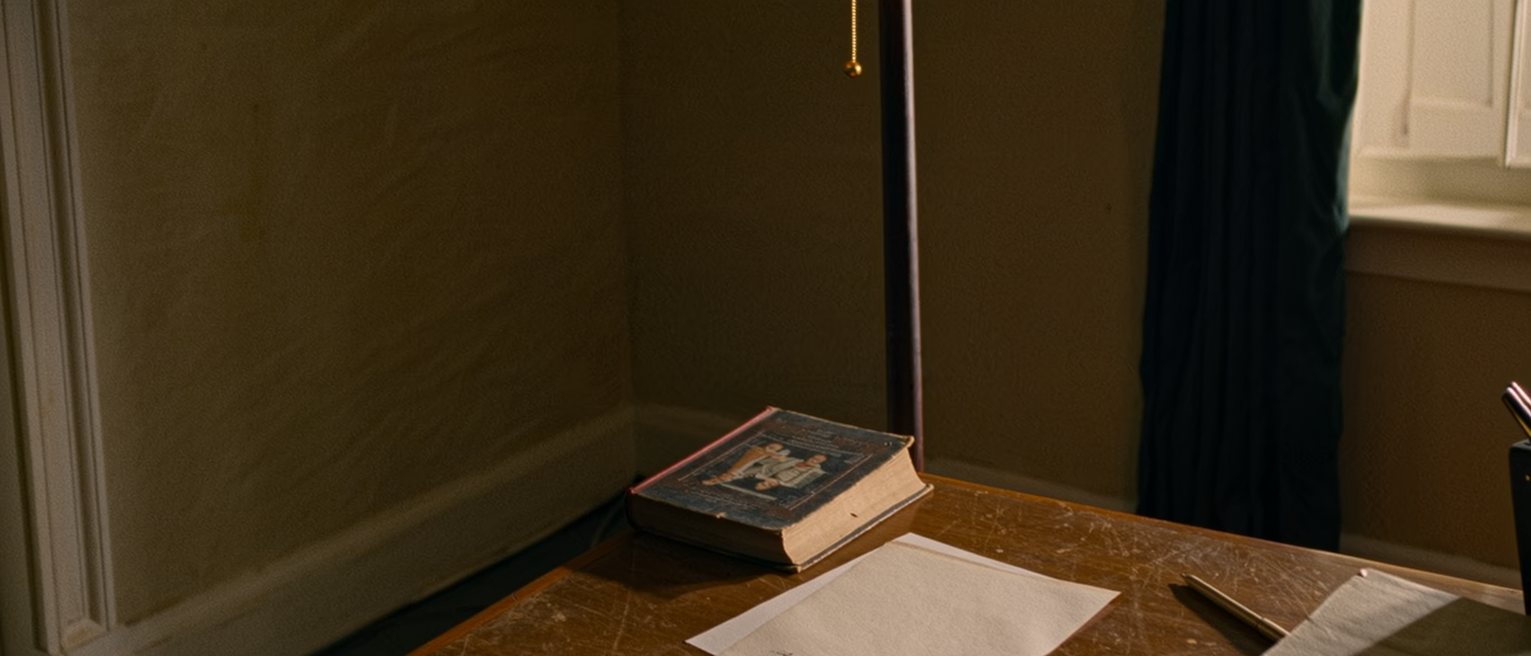 a writing desk seen close with a worn paperback laid face down, a sheet of paper with three lines written and the rest blank, a pen and a cup of tea, the lamp close behind and the window soft beyond
