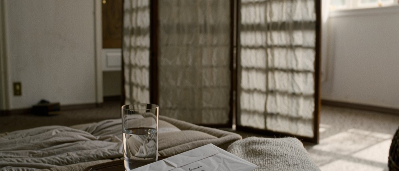 a quiet room seen close with a written agreement in its envelope on a low table, a glass of water and a folded blanket, the padded table with its sheet turned down close behind and the paper screen soft beyond