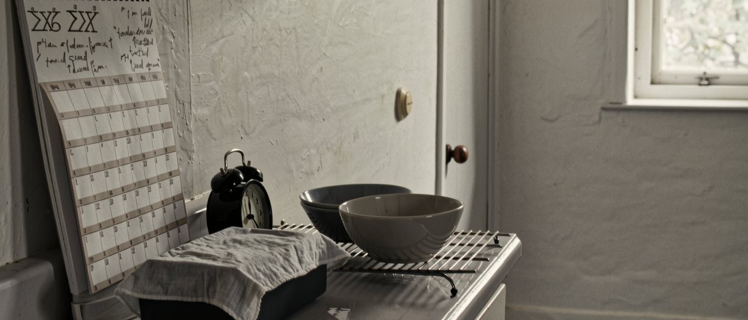 a kitchen seen close with a wall calendar crowded with pencilled entries, a packed lunch box wrapped in cloth on the counter, an alarm clock, two bowls on the drying rack, the window soft beyond