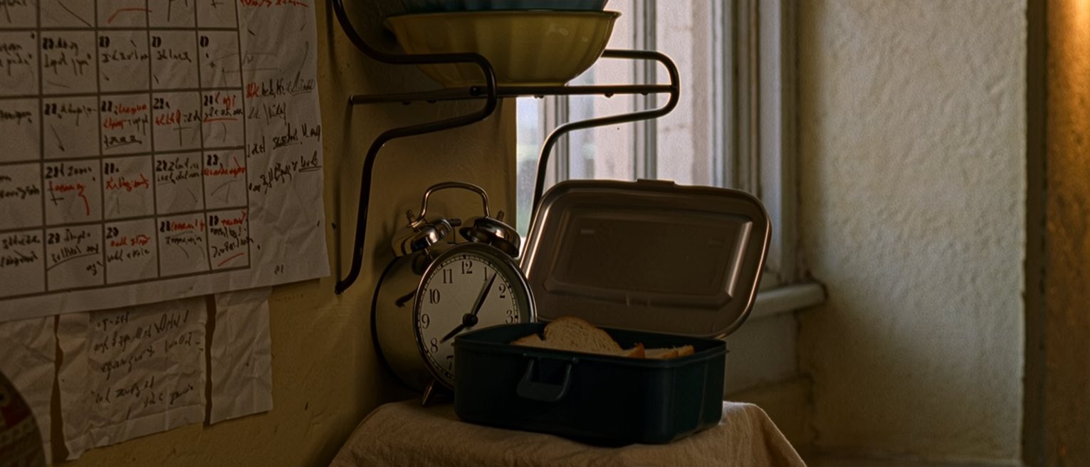 a kitchen seen close with a wall calendar crowded with pencilled entries, a packed lunch box wrapped in cloth on the counter, an alarm clock, two bowls on the drying rack, the window soft beyond