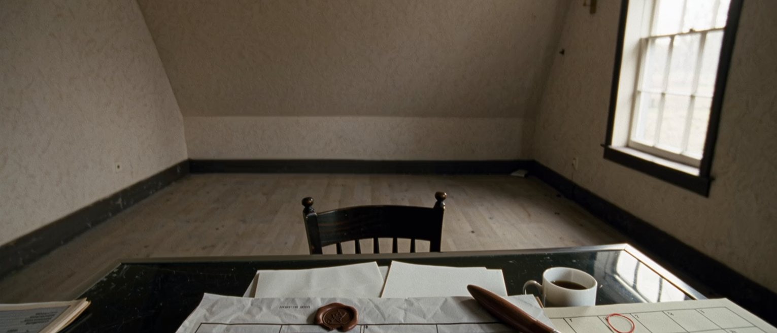 a desk seen close with a printed form partly filled in, a seal case, a pen, a wall calendar page with one date circled in red, a cup, the chair pushed in