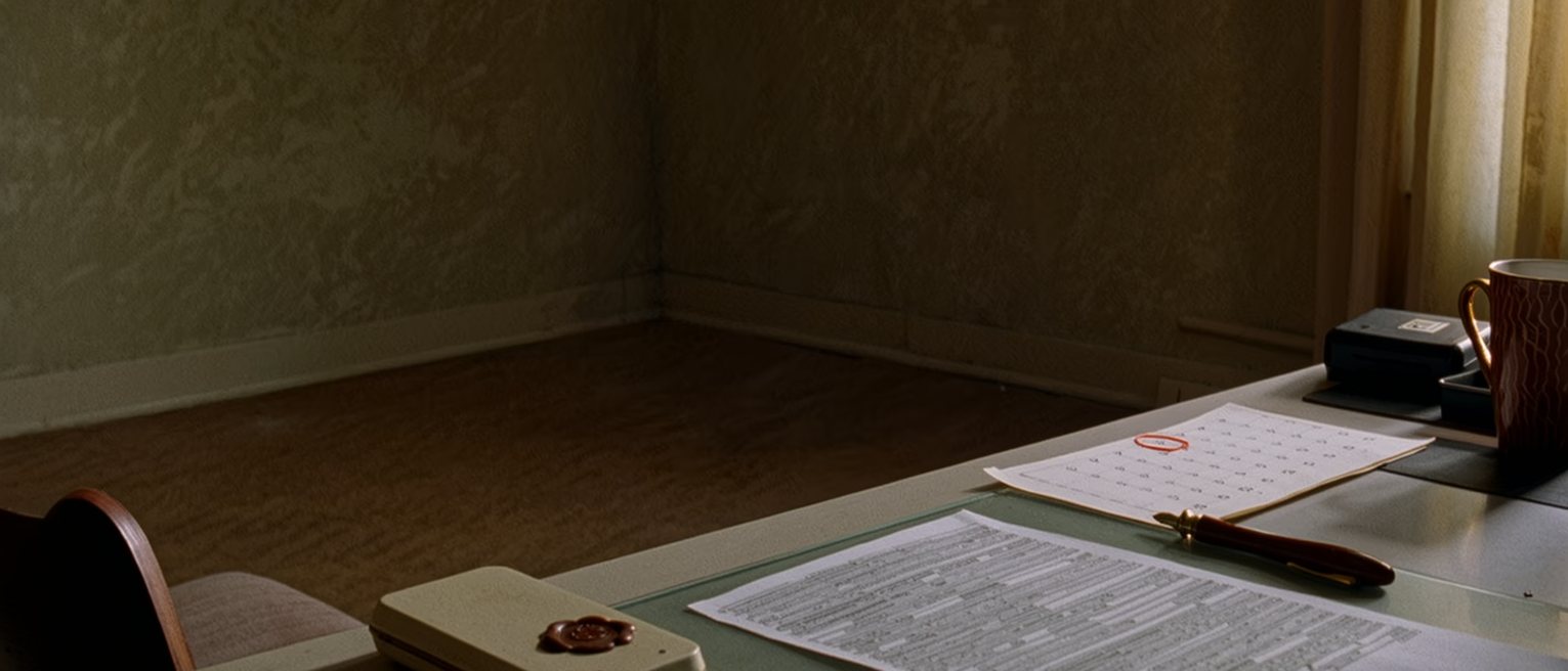 a desk seen close with a printed form partly filled in, a seal case, a pen, a wall calendar page with one date circled in red, a cup, the chair pushed in