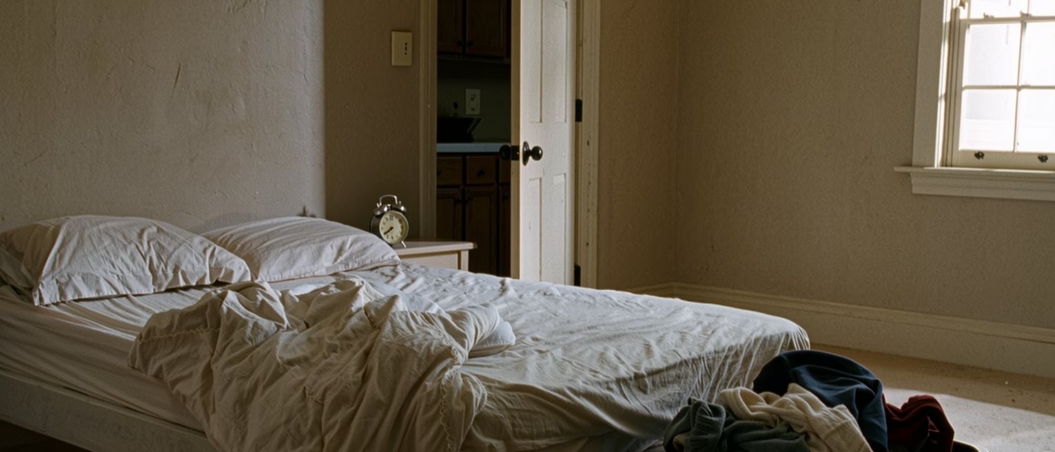 a bedroom seen close with one side of the bed slept in and the other side still made, an alarm clock on the near table, a full laundry basket at the foot of the bed, the door ajar onto the kitchen beyond