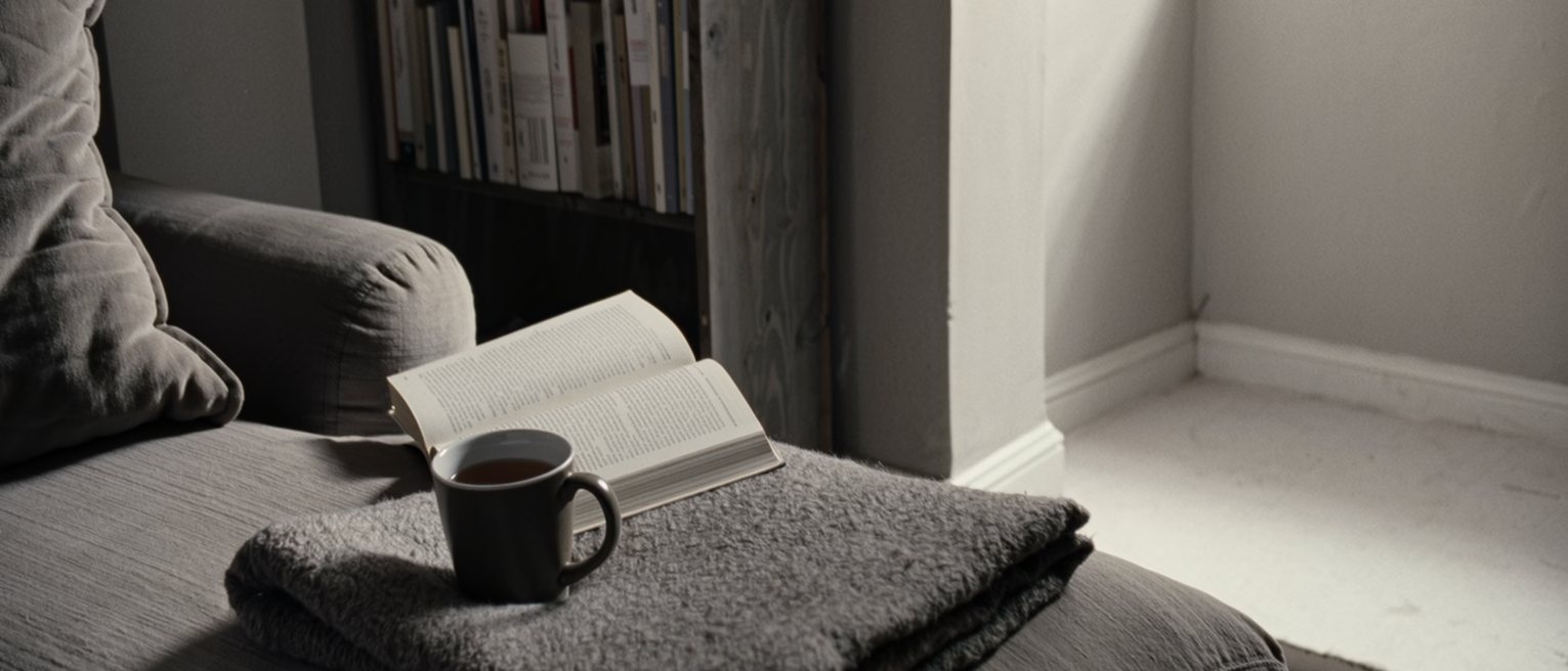 a living room seen close with a soft blanket folded over the arm of the sofa, a cushion still dented, a mug of tea and a paperback, the bookshelf close behind and the window soft beyond