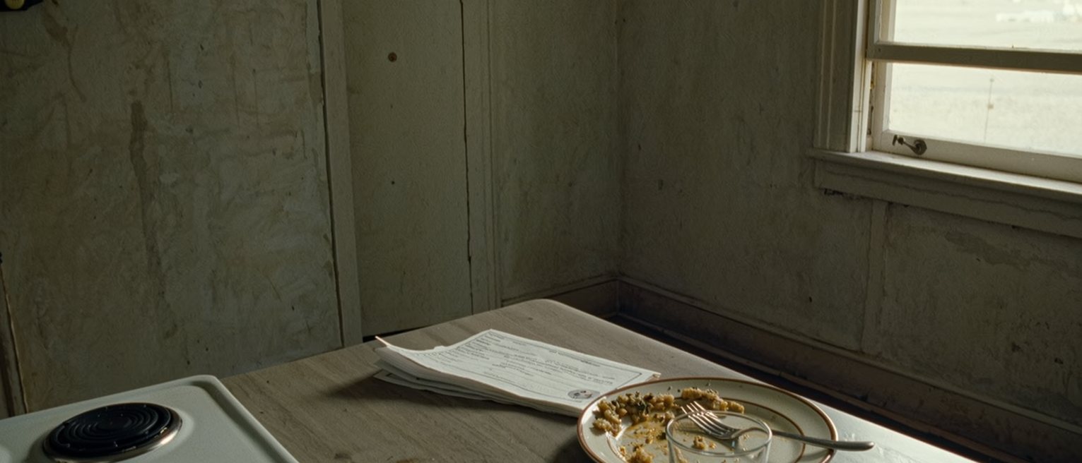 a kitchen table seen close with a booking confirmation printed and folded beside a plate with the remains of dinner, a fork laid down and a glass of water, the stove close behind and the window soft beyond