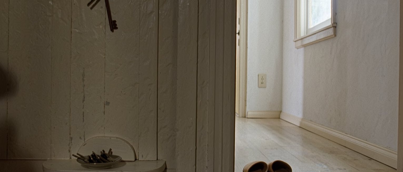 a hall seen close with a pair of slippers set out square by the step, an empty hook above, a small dish of keys on the shelf, the wall soft beyond