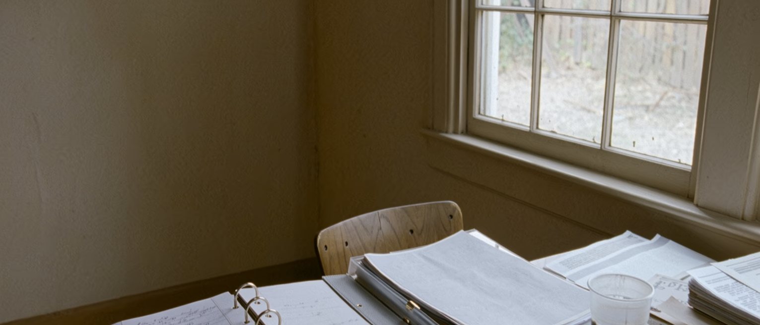 a table seen close with a ring binder open at a run of dated notes in pen, a stack of printed sheets in a clear sleeve beside it, a cup gone cold, the chair pushed in, the window soft beyond