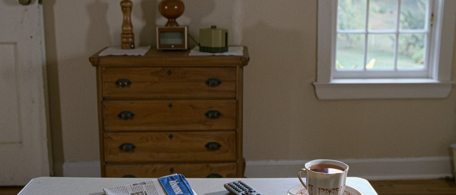 a kitchen table seen close with a small blue pennant laid flat, a folded newspaper, a television remote and a cup of tea gone cold, the dresser close behind and the window soft beyond