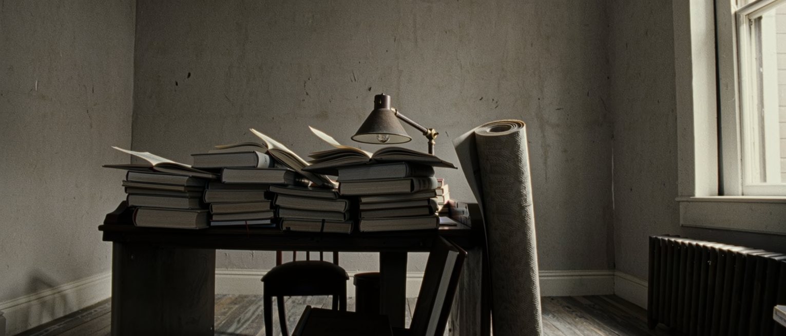 a study seen close with a stack of bound volumes on the desk with paper slips set between the leaves, a rolled mat leaning at the side, a lamp, the chair pushed in