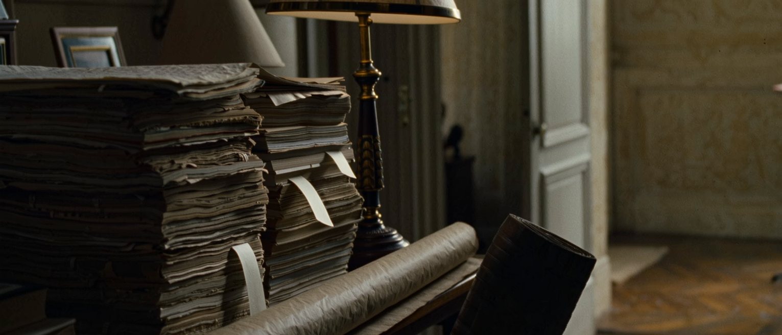 a study seen close with a stack of bound volumes on the desk with paper slips set between the leaves, a rolled mat leaning at the side, a lamp, the chair pushed in