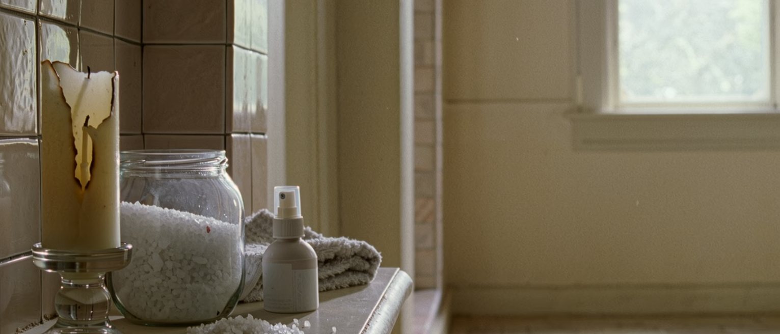 a bathroom shelf seen close with a candle burnt down in its glass, a jar of bath salts with the lid off, a small spray bottle and a folded flannel, the tiled wall soft beyond